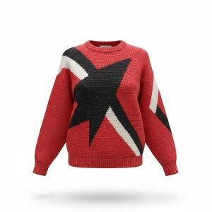 🔻Vintage 80s Red Star Sweater Lurex Sparkle Graphic Knit Oversized Large